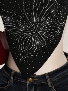 SHEIN ICON 夏季女士黑色哥特风露背性感蝴蝶水钻露背吊带上衣，适合外出、参加科切拉音乐节、夜店等场合，夏季 - 黑色 - 查看 7