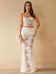 Silquee 两件套夏季性感白色蕾丝花卉透视露背蝴蝶结吊带背心和美人鱼裙/连衣裙，优雅适合婚礼伴娘、度假海滩、约会之夜、派对、舞会、鸡尾酒会、夜店、泳池派对等场合。 - 白色 - 查看 3