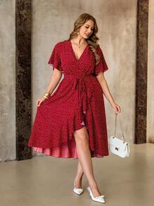Roveilla Vestido cruzado con volantes asimétricos y cuello cruzado para mujer de talla grande en rojo, vestido de lunares rojos, vestido de lunares, vestidos de lunares para mujer, vestido cruzado de mujer, vestidos retro para mujer, vestido rojo midi, vestido midi de lunares, vestido rojo, vestidos de lunares para mujer, vestido de Brigerton, vestido vintage de lunares, vestido vintage para mujer, vestidos casuales, vestidos de lunares para mujer - Rojo - Ver 3