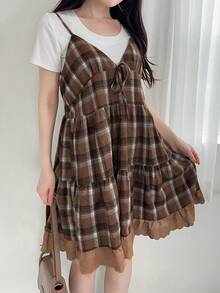 FRIFUL 女士格子吊带拼接刺绣棉布前蝴蝶结装饰休闲宽松百搭背心，秋冬夏季款 - 棕色 - 查看 6