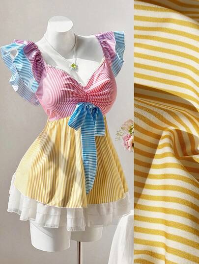 Sweetra Plus Size Women Casual/Work Colorful Striped & Cherry Blossom Print Mid-Sleeve Shirt