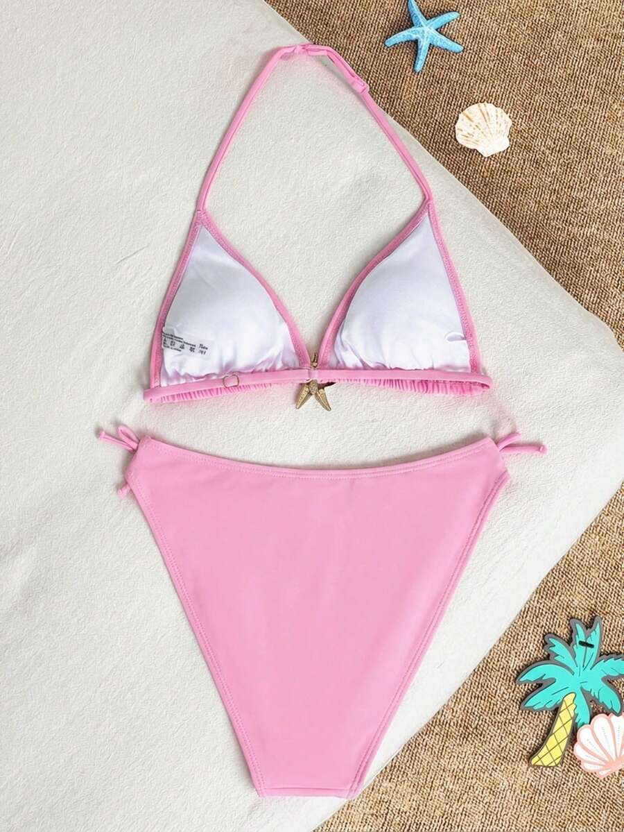 SHEIN 少女暑假金属海星装饰比基尼套装 - 粉色 - 查看 1