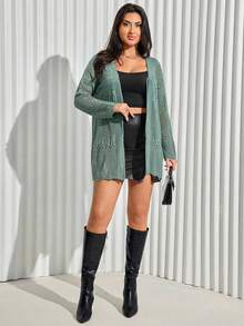 EURMUSE Plus Size Solid Color Long Sleeve V-Neck Tie Crochet Knit Cardigan - Mint Green - View 5