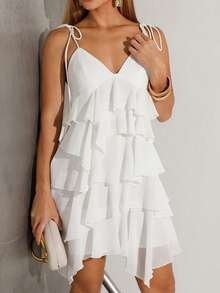 BiaLiraa 夏季海边度假纯色浅粉色节日连衣裙荷叶边雪纺蛋糕裙吊带裙音乐节服装乡村音乐节服装演唱会服装返校服装婚礼伴娘服 - 白色 - 查看 3