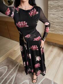 Modelyn Đầm nữ thanh lịch cổ tròn tay dài in hoa, eo nhún - Nhiều màu - Xem 9