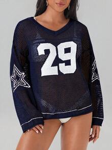 Swim EVENT 女士超大款条纹数字印花星形针织罩衫，V领镂空网眼针织罩衫，适合沙滩穿着，复古撞色设计 - 彩色 - 查看 6