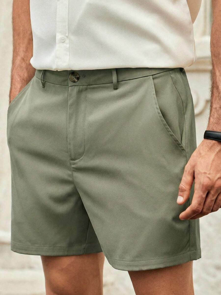 Manfinity VCAY Quần short nam màu trơn, có túi và cúc, kiểu dáng thường ngày, đa năng.