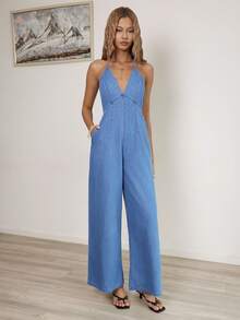 Sunnyshic 女士露背吊带牛仔连体裤，休闲度假装 - 藍色 - 查看 4