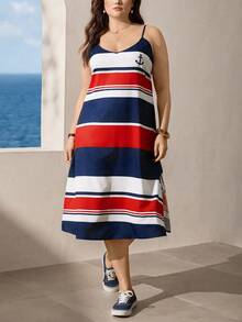 SHEIN LUNE 大码女式夏季条纹连衣裙，V领，中长款，侧开衩，航海风休闲连衣裙 - 彩色 - 查看 8