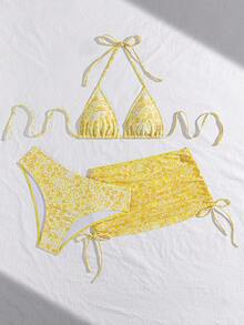 Swim Vcay 3pcs Sexy Leopard Print Halter Neck Triangle Cup Mesh Sarong Bikini Set For Women - Multicolor - View 4