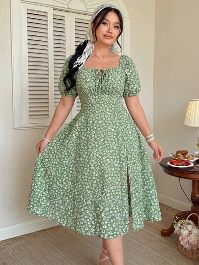 Celure Vestido de flores diminutas con cintura fruncida y mangas abultadas, de estilo bohemio y dulce, para vacaciones y playa, para mujer de talla grande, ideal para el verano