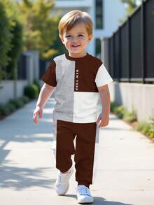 Bubblio 男婴休闲简约圆领短袖裤套装，经典酷炫撞色拼接印花，纽约标志性城市名称文字印花 - 彩色 - 查看 2