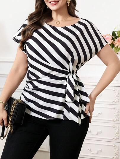 SHEIN Clasi 大码女式条纹圆领蝙蝠袖短袖侧打结休闲衬衫