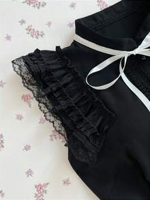 Elamini 女士黑色撞色蕾丝蝴蝶结腰带短袖性感哥特洛丽塔风格迷你连衣裙 - 黑色 - 查看 5
