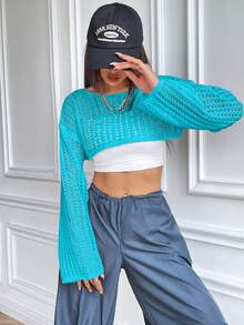SHEIN Unity Sweater Crop Wanita Seksi Longgar Warna Polos Model Bahu Jatuh Lengan Panjang dengan Lubang di Bagian Bawah - Biru - View 3
