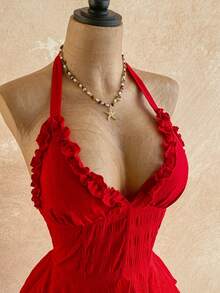 Soleia New Casual Vacation Western Beach Wedding Guest Attire, Graduation Brunch, St. Patrick's Day Spring Break, Easter, Music Festival, Elegant Boho Tropical Graceful Red Textured Bow Tie Backless Ruffle Mini Dress, Suitable For Valentine's Day, Halloween, Christmas - Red - View 4