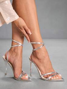 CUCCOO SZL Sandal Wanita Modis Berwarna Putih Transparan PVC Bening dengan Hak Kristal, Sandal Hak Sedang Ujung Persegi untuk Perjalanan, Kencan, Pesta, Liburan, Pernikahan, Prom, dan Sepatu Musim Panas - Perak 20 - View 8