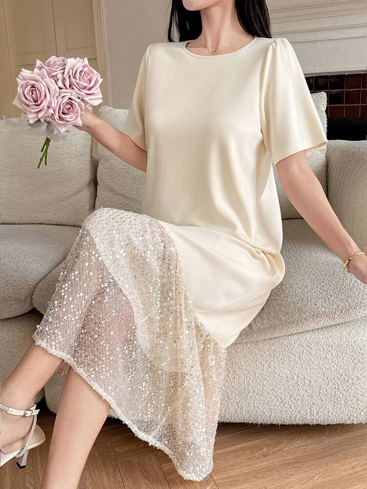 Women's Elegant Lace Patchwork Round Neck Midi Dress, Suitable For Holiday Wear, Spring & Summer