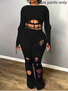 BamGleam 女士针织长裤，高腰微喇叭粉色修身性感度假旅行休闲派对服装，适合春、秋、夏、冬四季穿着。 - 黑色 - 查看 1