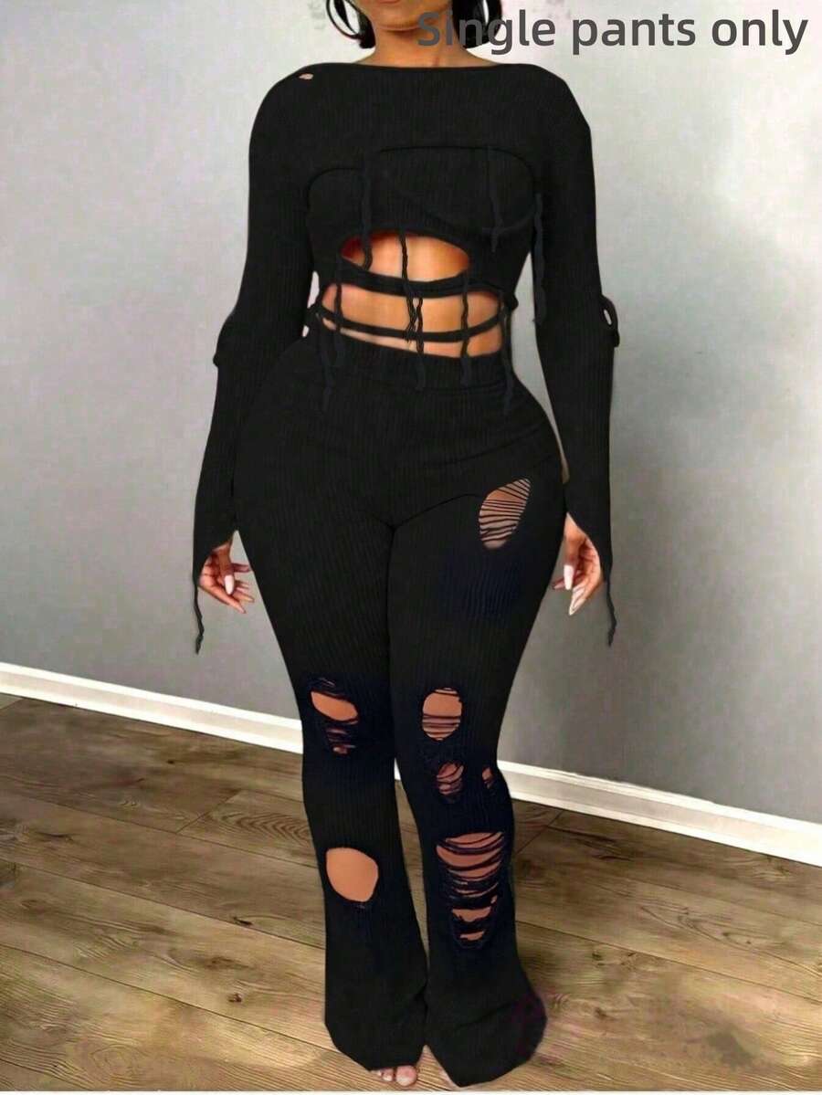 BamGleam 女士针织长裤，高腰微喇叭粉色修身性感度假旅行休闲派对服装，适合春、秋、夏、冬四季穿着。 - 黑色 - 查看 1