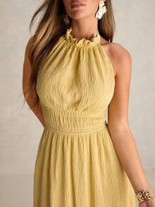 Enchnt Vestido feminino elegante de cor sólida, sem costas e com decote halter, ideal para o verão. - Amarelo - Ver 4