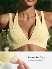 GLOWMODE FeatherFit™-Sculpt Double Glow Buttery-Soft Stretchy Removable Cups Push-Up Adjustable Halterneck 2 In 1 Style Sports Bra Running Workout Gym - French Vanilla - View 5