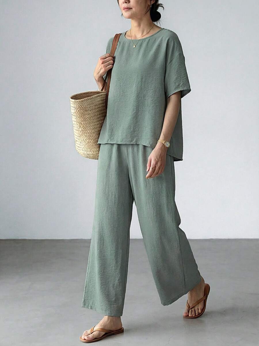 EMERY ROSE 2件套女士夏季休闲纯色百搭圆领短袖T恤和裤子套装 - 綠色 - 查看 1
