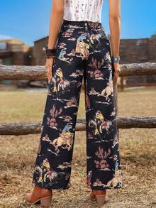 Breezaya Western Style Print High Waist Elastic Waist Wide Leg Pants - Black - View 2