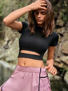 Medorelle Áo thun nữ tay ngắn dáng lửng màu trơn RUN HIKE, áo crop top tay ngắn cổ cao màu đen cho kỳ nghỉ hè, áo thể thao tay ngắn cổ cao với chi tiết khoét eo, thích hợp cho mùa xuân, hè, đi chơi. - màu đen - Xem 6