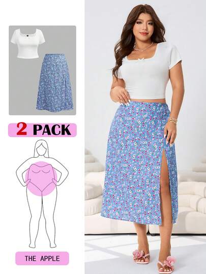 Solflare Plus Size Casual Solid Color Cropped T-Shirt And Floral High Slit Skirt 2-Piece Set, Summer Outfits