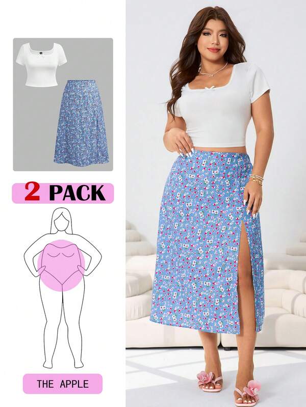 Solflare Spring/Summer New Casual Lace Patchwork Bow Tie Short Sleeve Tight T-Shirt And Blue Ditsy Floral Split Hem Mini Skirt 2-Piece Set, Suitable For Outdoor, Daily, Party, Music Festival, Back To School, Graduation, Vacation, Streetwear, Exploration, City Stroll, Multi-Occasion Wear, Plus Size