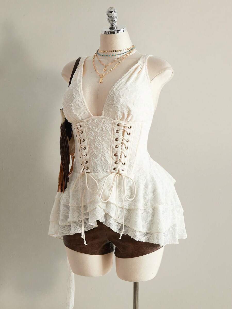 SHEIN ICON 加大码女式杏色提花交叉系带腰部层叠荷叶边吊带背心 - 杏色 - 查看 1