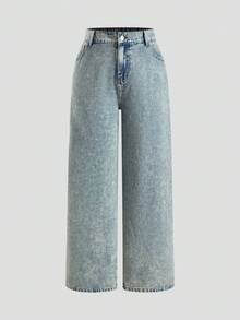 SHEIN MOD 大尺碼女款蝴蝶結刺繡淺藍色牛仔褲，寬腿水洗夏季休閒日常牛仔褲，春節派對海灘穿搭 - 藍色 - 查看 3
