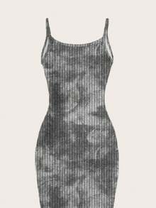 SHEIN EZwear 休闲简约街头风全印花浅色扎染图案修身吊带长裙，适合夏季穿着 - 彩色 - 查看 5