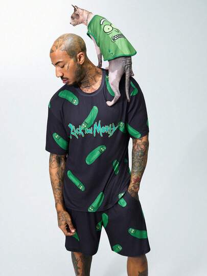 Rick and Morty X SHEIN Men's Round Neck Short Sleeve T-Shirt And Shorts Pajama Set,