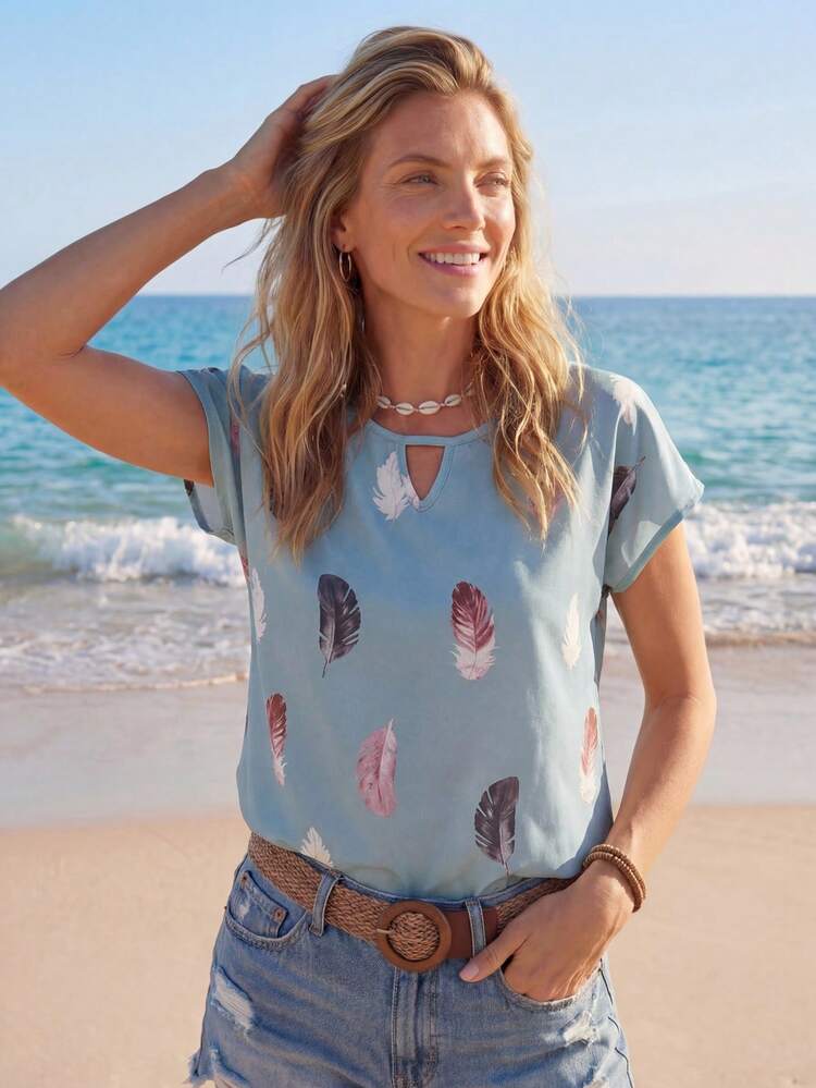 Women's Round Neck Hollow Out Short Sleeve Feather All-Over Print Loose Summer Blouse,Casual
