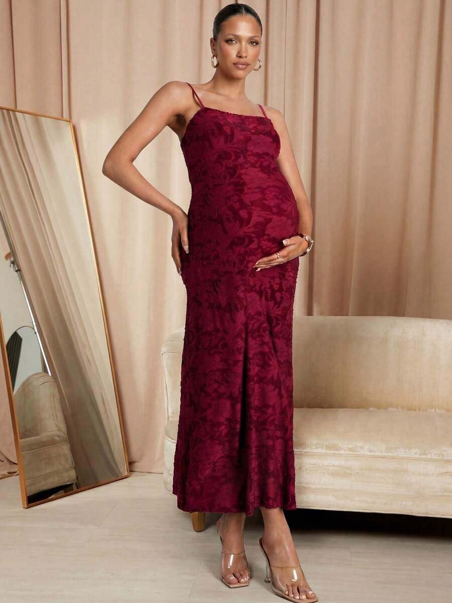 MaterniChic Maternity Burgundy Summer Elegant Formal Textured Dress,Photography Outfits Perfect For Vacation Baby Shower Party Wedding Guest Luxury Evening Dress - Burgundy - View 1