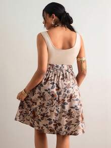 SHEIN VCAY Đầm hoa phối nhiều mảnh dành cho nữ cỡ lớn - Màu Khaki - Xem 4