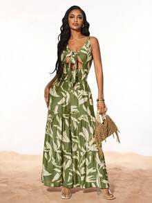 Radiana Women's Fashionable Casual Sexy Vacation Tie-Knot And Drawstring Design All-Over Print Wide Leg Jumpsuit, Spring/Summer Olive Green - Green - View 4