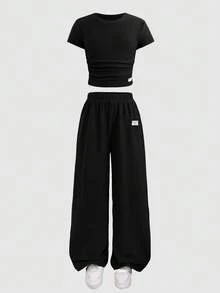 SHEIN 少女蝴蝶结罗纹印花T恤和打底裤两件套，休闲日常时尚百搭 - 黑色 - 查看 7