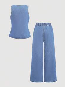 Firerie Kids Firerie Kids Conjunto de chaleco vaquero y pantalones de niña preadolescente de estilo casual de verano - Lavado ligero - Ver 2