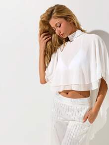 SHEIN ICON Sexy Asymmetrical Hem Chiffon Scarf Collar Blouse For Women,Summer Top - White - View 8
