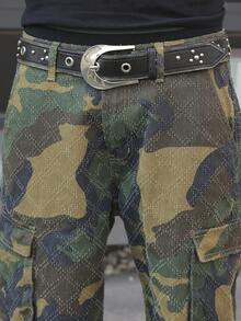 Manfinity EMRG 男士夏季迷彩菱形钩编工装牛仔短裤，宽松阔腿 - 軍綠色 - 查看 8