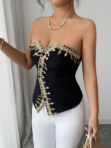 Selianne Elegantes schwarzes trägerloses Korsett mit Stickereimuster als Außenschicht. Korsett Tops Korsett Tops für Frauen Neuestes Outfit für Frauen Sexy Tops Sexy Tops für Damen Damen Korsett Laser Cut Korsett Korsett Outfit Korsett XXS Korsetts für Frauen - Schwarz - Übersicht 5