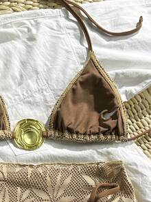 Swim SXY Bộ bikini 3 mảnh mùa hè 2026 dành cho nữ, kiểu dáng thường ngày, cổ tam giác, dây mảnh, phụ kiện vàng trang trí, hở lưng, họa tiết lá cây, chất liệu vải đặc biệt, cạp cao. - màu nâu - Xem 7