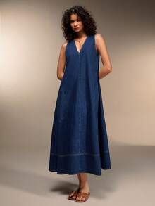 SHEIN Đầm dài mùa hè cho nữ, cổ chữ V, chất liệu thoáng mát, 100% cotton. - Rửa tối - Xem 5