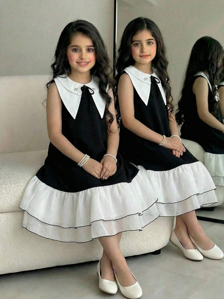 SHEIN Tween Girl Fashionable & Elegant Collared Sleeveless Dress Black And White Girls Dress - Black and White - View 1