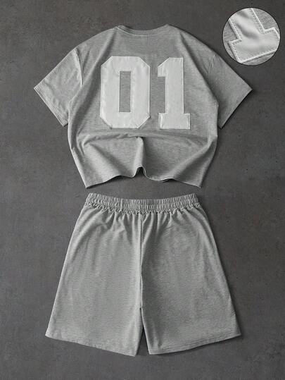 PAVTROS Men's Numeric Embroidery Crew Neck Short Sleeve T-Shirt And Drawstring Waist Shorts Casual Suit