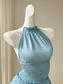 Elamini Women's Light Blue Summer Halter Backless High Stretch Waist Fitted Ruffle Hem Design Sexy Sweet Date Party Vacation Dress - Blue - View 5