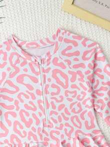 Young Girl One-Piece Swimsuit,Pink Leopard Print Long Sleeve Rash Guard For Kids,Cute Ruffled Sun Protection Swimwear For Summer,Beach,Holiday - Pink - View 4